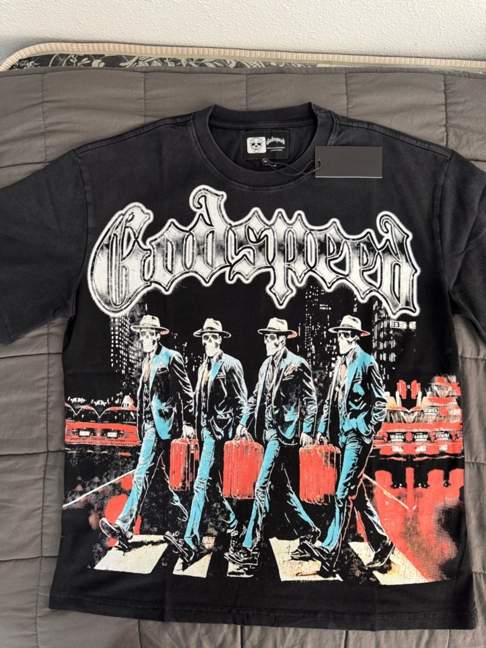 Godspeed Graphic Black Tee with Red and Teal Artwork - Men’s Short Sleeve Shirt